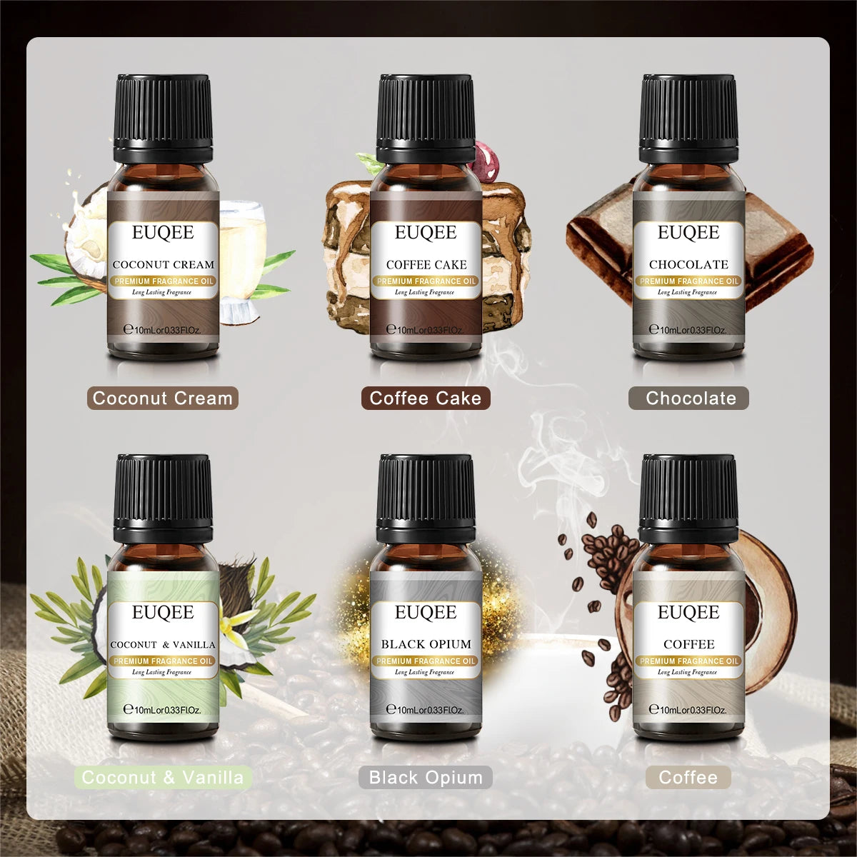 EUQEE 6pcs Fragrance Oil Set for Diffuser – Coffee, Pumpkin Pie, Pine, & More