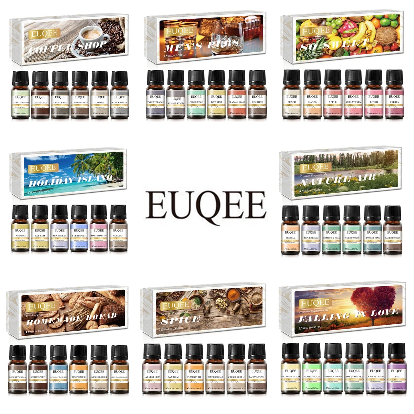 EUQEE 6pcs Fragrance Oil Set for Diffuser – Coffee, Pumpkin Pie, Pine, & More